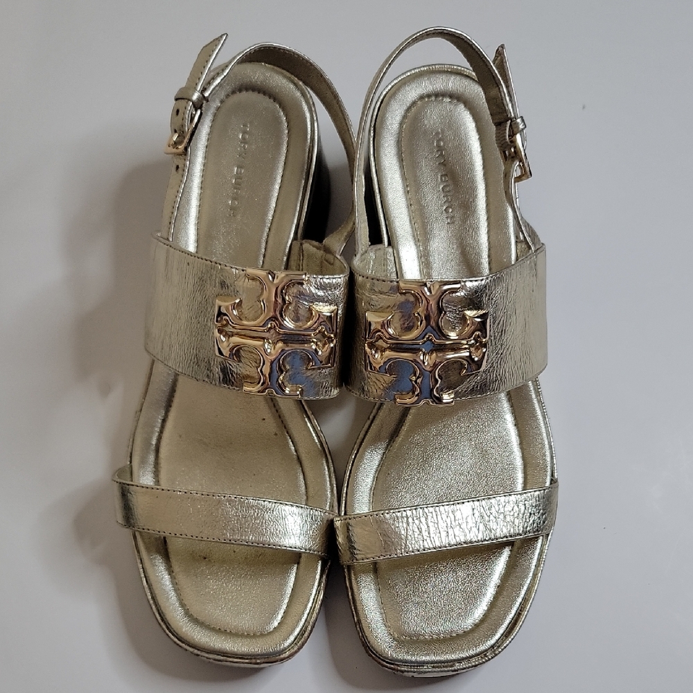 TORY BURCH ELEANOR HEEL SANDALS GOLD SZ 9M MSRP $348